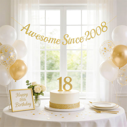 G2PLUS Pre-Strung 18th Birthday Banner, Glitter 18th Birthday Decorations Champagne Gold Happy 18th Birthday Banner, 3m Awesome Since 2008 Banner, 18th Birthday Party Decorations