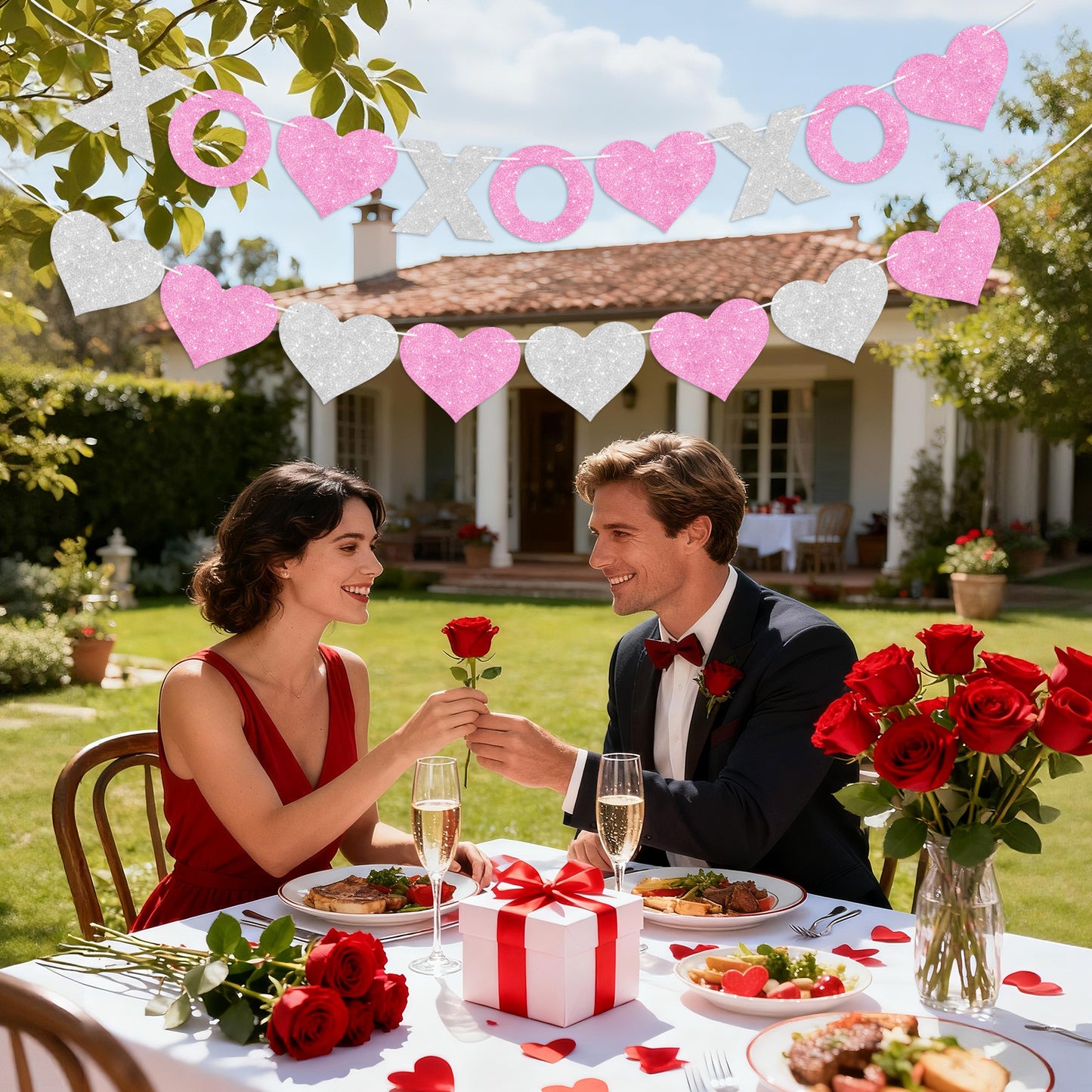 G2PLUS Valentines Day Banner, Glitter Pink Sliver Heart Party Banner, Pre-strung XOXO Paper Bunting Flag Garlands for Valentine’s Day, Anniversary, Birthday, Wedding, Bridal Shower & Photo Backdrop