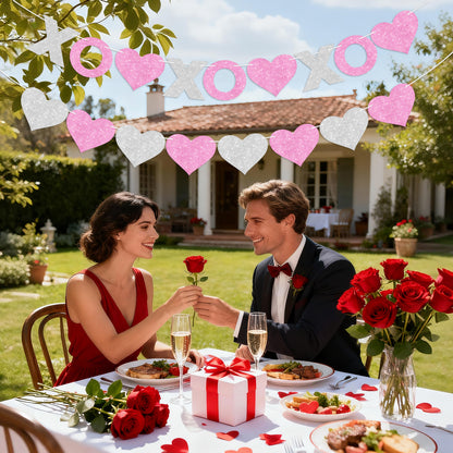 G2PLUS Valentines Day Banner, Glitter Pink Sliver Heart Party Banner, Pre-strung XOXO Paper Bunting Flag Garlands for Valentine’s Day, Anniversary, Birthday, Wedding, Bridal Shower & Photo Backdrop
