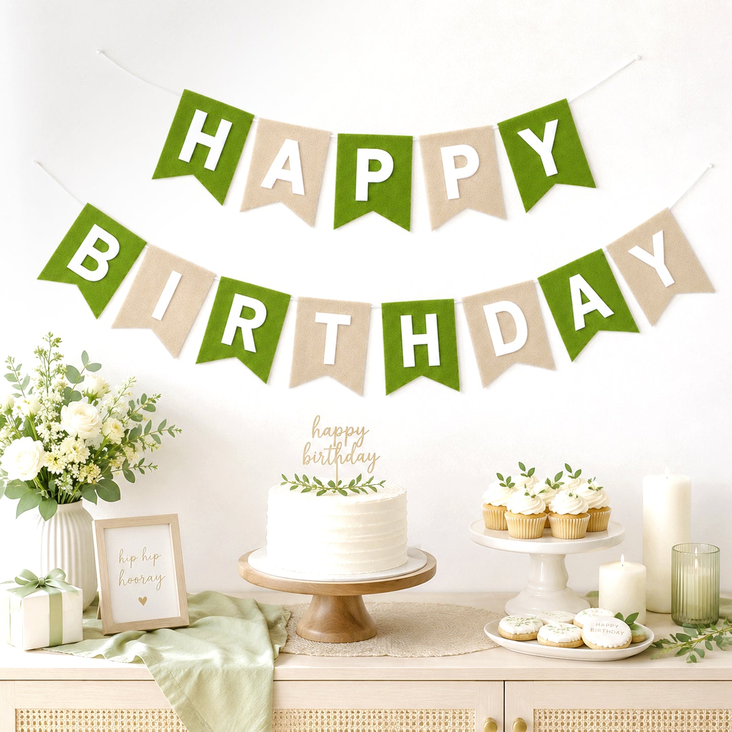 G2PLUS Sage Green and Brown Happy Birthday Bunting Felt: Pre-Strung Birthday Banner for Boys, Men, Adults and Kids Birthday Party Decoration