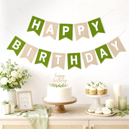 G2PLUS Sage Green and Brown Happy Birthday Bunting Felt: Pre-Strung Birthday Banner for Boys, Men, Adults and Kids Birthday Party Decoration