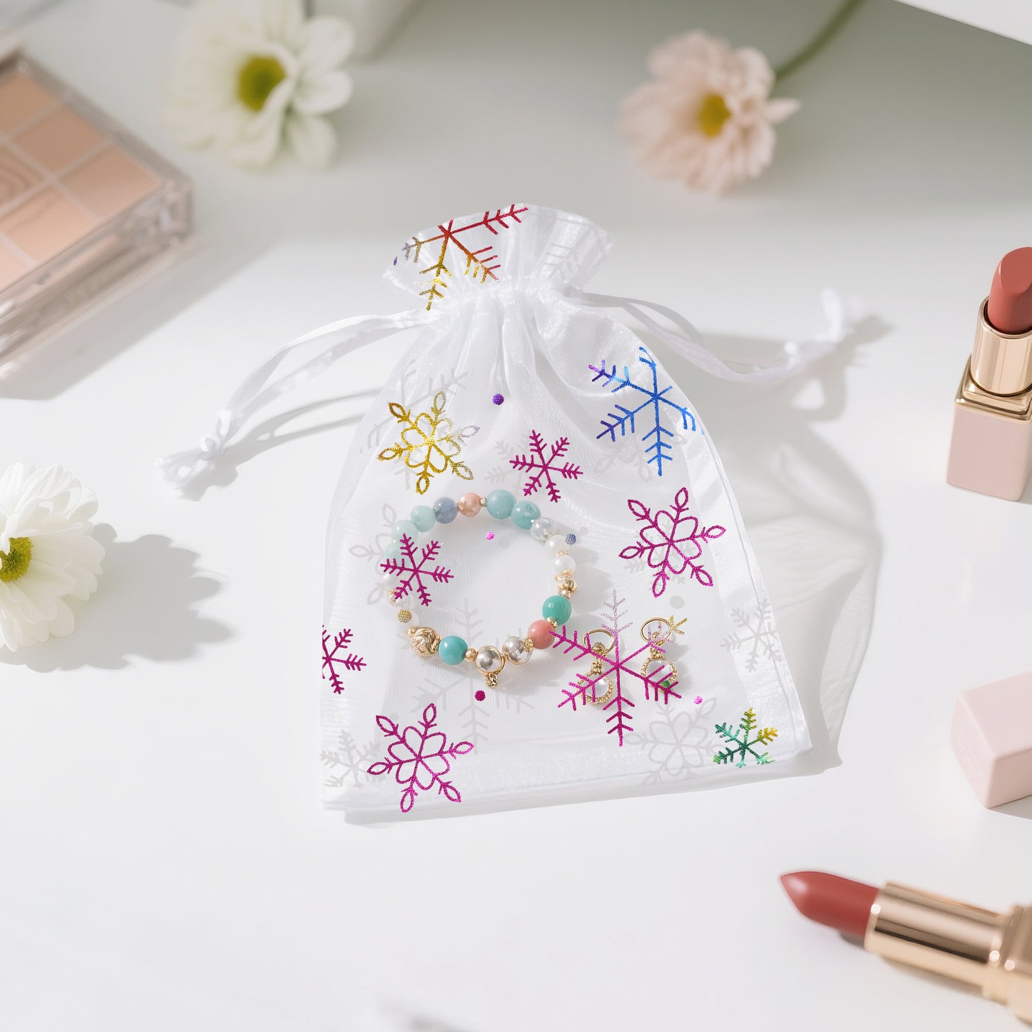 G2PLUS 50Pcs Christmas Drawstring Organza Bags 4x6 - Christmas Snowflake Organza Gift Bags, Colored Sheer Mesh Pouches, Xmas Winter Holiday Gift Wrap Pouches for Jewelry, Candy, Goodies