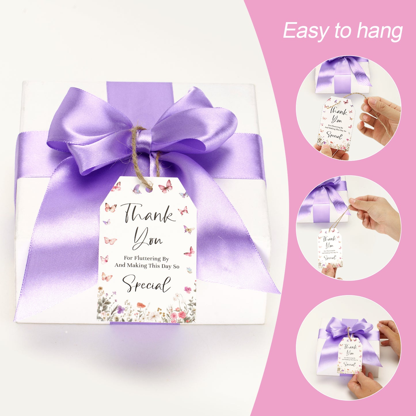 G2PLUS Butterfly Thank You Tags, 50PCS Thank You for Fluttering by Tags, Thank You Paper Tags, Floral Butterfly Gift Tags with String for Baby Shower, Birthday, Wedding Party Favors
