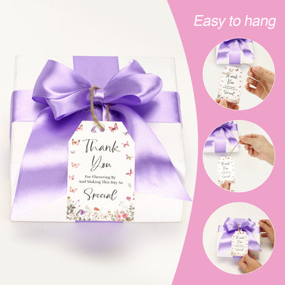 G2PLUS Butterfly Thank You Tags, 50PCS Thank You for Fluttering by Tags, Thank You Paper Tags, Floral Butterfly Gift Tags with String for Baby Shower, Birthday, Wedding Party Favors