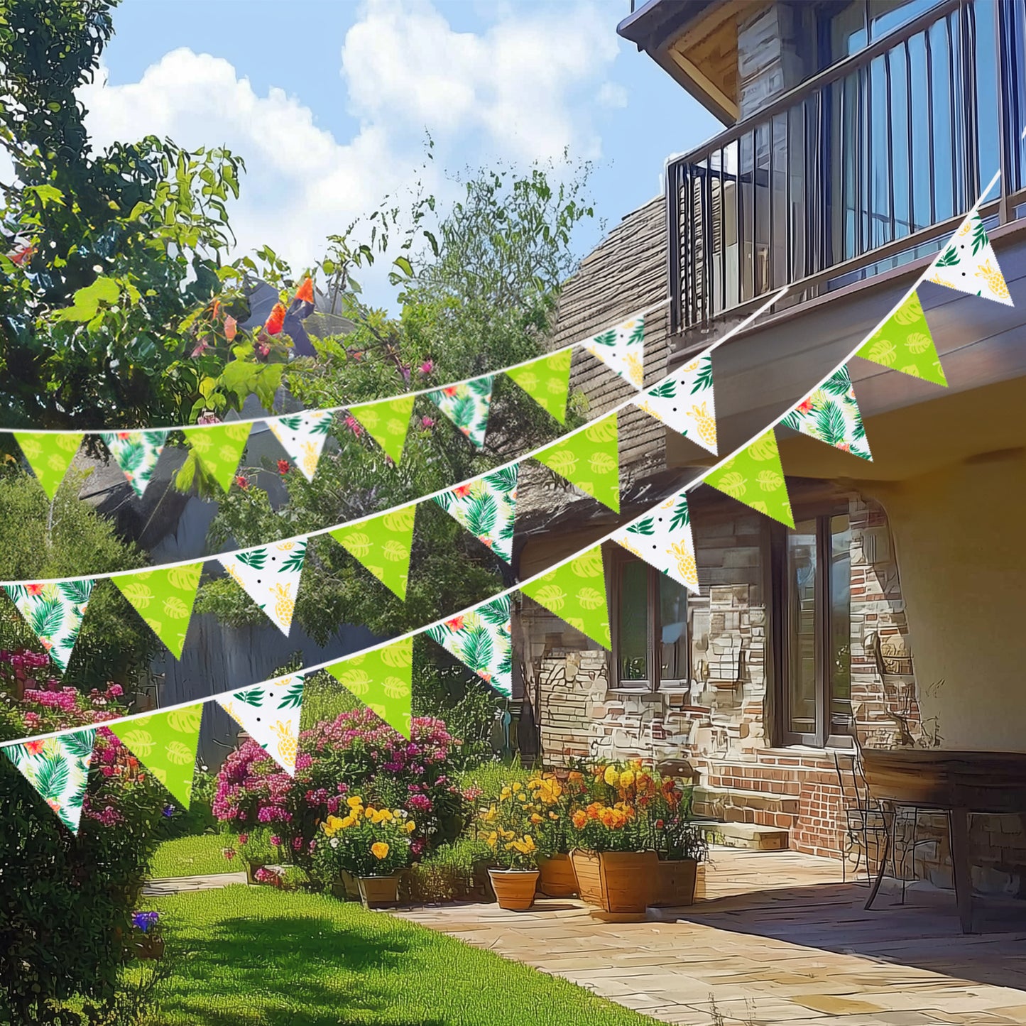 G2PLUS Tropical Fabric Bunting Banner, 39FT Extra Long Reusable Cotton Triangle Flags with Green Leaves & Pineapple, Pre-Sewn Garland Pennant Banner for Summer Luau, Hawaiian & Outdoor Party Decor