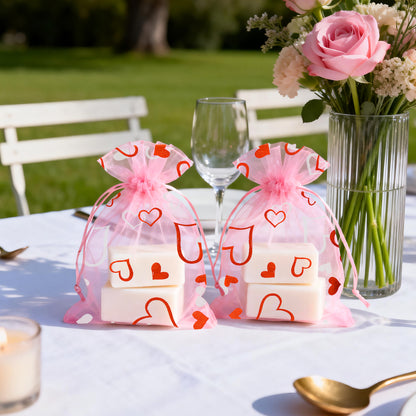 G2PLUS 50PCS Valentines Gift Bags Organza 5x7in, Pink Foil Heart Sheer Mesh Organza Pouches with Drawstring for Valentines Day Party Favors, Candy Gift Bags & Wedding Favors
