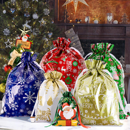 G2PLUS 20PCS Christmas Drawstring Gift Bags Assorted Sizes, Goodie Bags with Ribbon, 8 Designs Aluminum Foil Christmas Bags, Present Wrapping Bags for Packages, Holidays, and Birthday Party