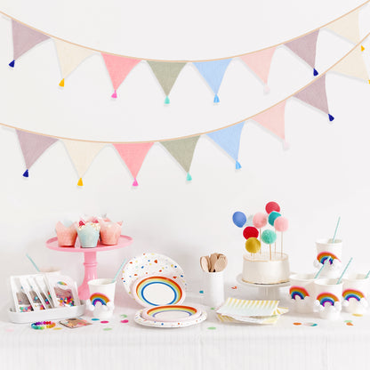 Pre-strung Cotton Fabric Bunting Banner, 9Ft Morandi Triangle Pennant Banner Flag, Double-Sided Bunting Garland with Tassels for Birthday, Nursery, Baby Shower, Classroom Hanging Decor