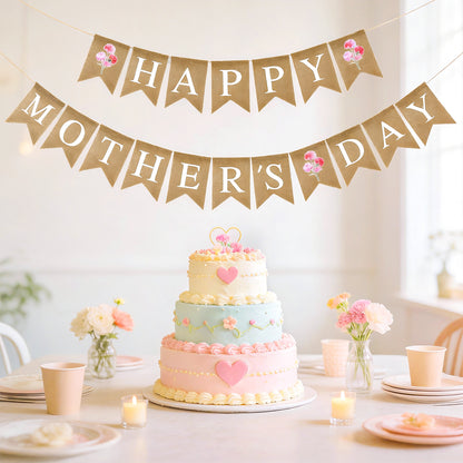 G2PLUS Happy Mother's Day Banner, Pre-strung Mothers Day Decorations Burlap Banner Garland with Carnation, Rustic Mothers Day Party Bunting Decor for Home Wall Photo Backdrop Indoor Outdoor
