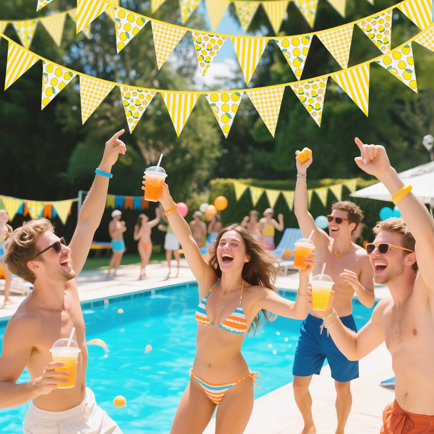 G2PLUS 39Ft Triangle Bunting Banner, 42Pcs Lemon Garland Pennant Banner, Reusable Cotton Triangle Flags Party Decoration for Summer Luau, Pool Party Decor & Beach Theme