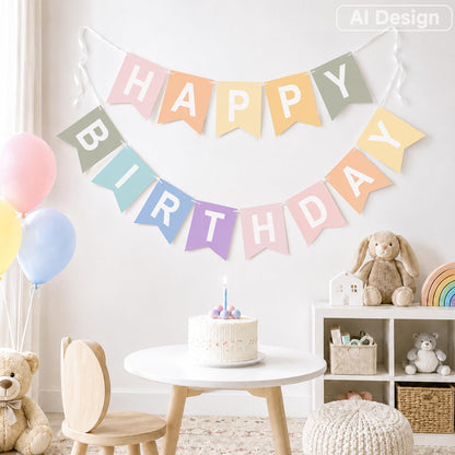 G2PLUS Pre-strung Happy Birthday Banner Pastel and White: 16 x 20 cm Large No-DIY Birthday Banner for Boys and Girls Birthday Party Decorations