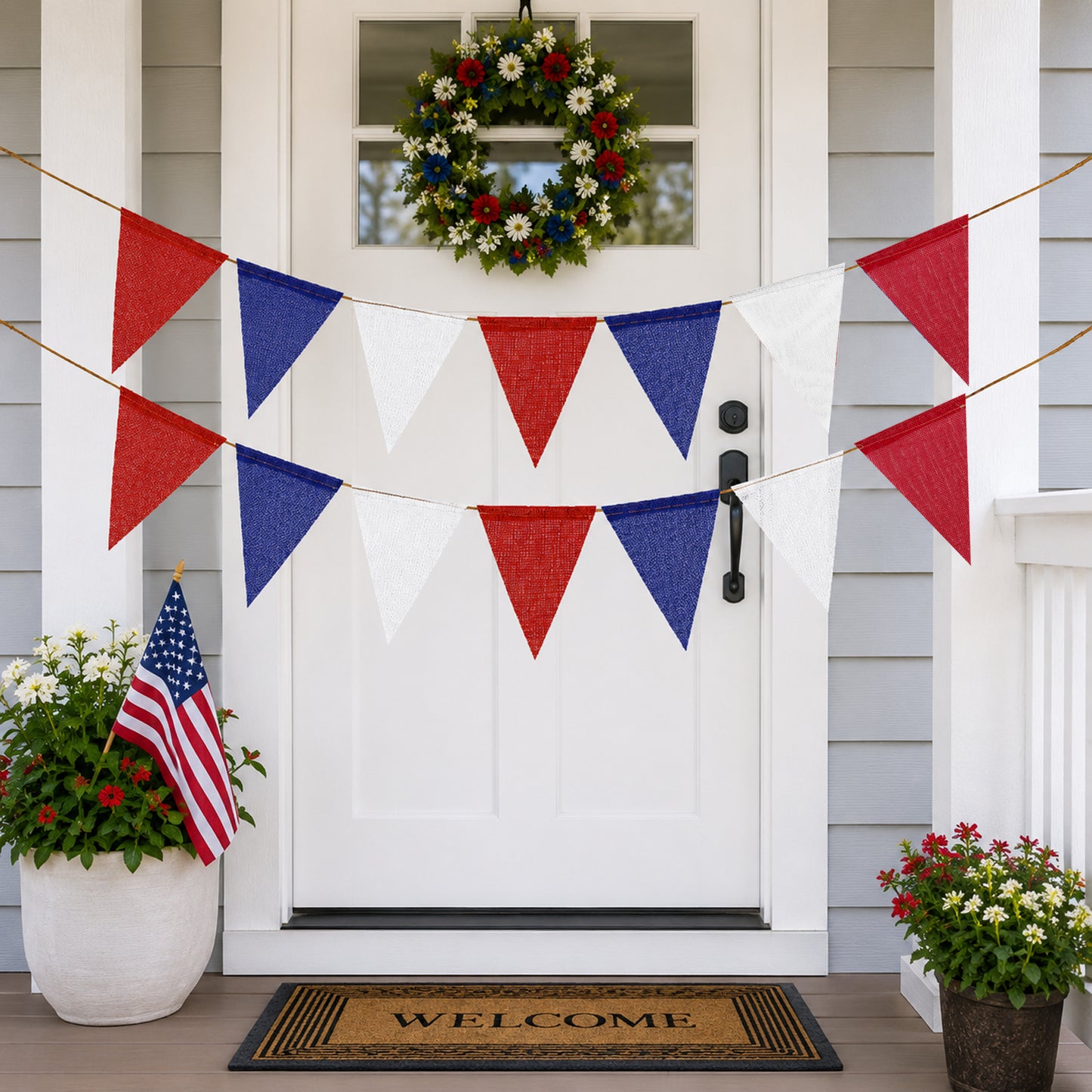 G2PLUS 39Ft Red White Blue Triangle Flag Bunting, 36Pcs Pre-Strung Burlap Pennant Banner, Patriotic Party Decorations for 4th of July, Independence, Memorial Day, Graduations, Labor Day, Graduation