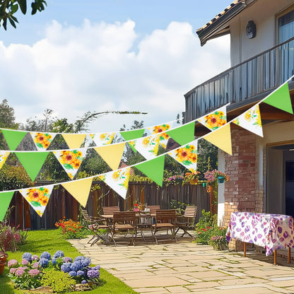 G2PLUS 39Ft Triangle Bunting Banner, Yellow & Green Sunflower Garland Pennant Banner, Reusable Cotton Triangle Flags Party Decoration for Garden Party, Fall Decor & Outdoor Celebrations