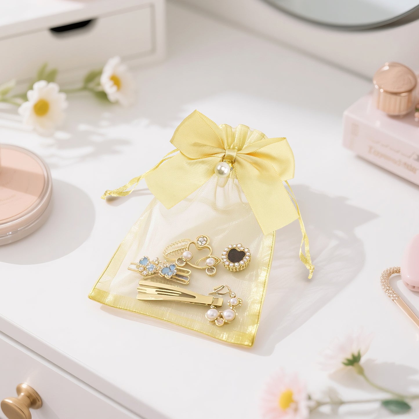 G2PLUS 30Pcs Organza Bags with Bow-4x6 In Gold Wedding Favor Bags, Sheer Mesh Jewelry Pouches with Drawstring for Bridal Shower, Baby Shower, Valentine's Day Party Favors