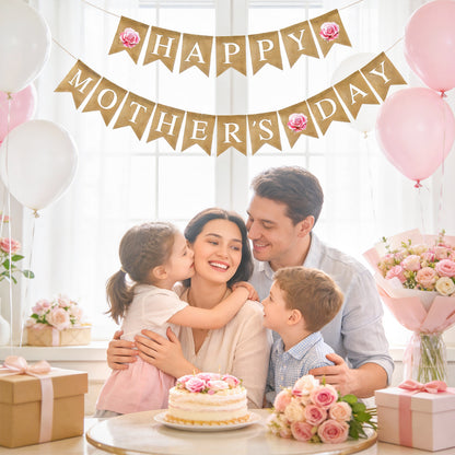 G2PLUS Happy Mother's Day Banner, Pre-strung Mothers Day Decorations Burlap Banner Garland with Pink Rose, Rustic Mothers Day Party Bunting Decor for Home Wall Photo Backdrop Indoor Outdoor
