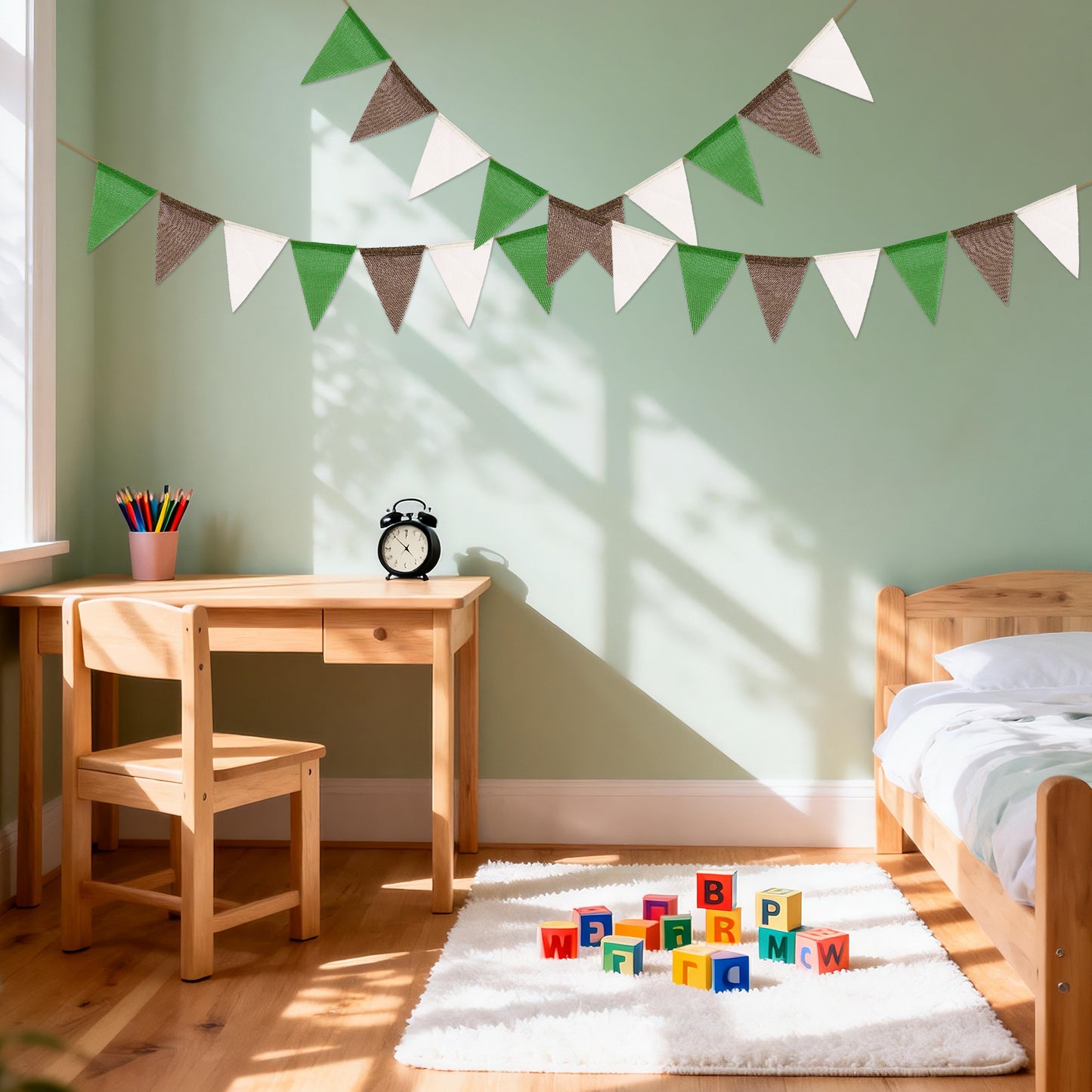 G2PLUS Pre-Strung Burlap Pennant Banners, 39Ft Green White Brown Fabric Triangle Flag Bunting, 36Pcs Pennant Banner Flags Garland for Football Game Day, Outdoor Parties, Camping & Backyard Decorations