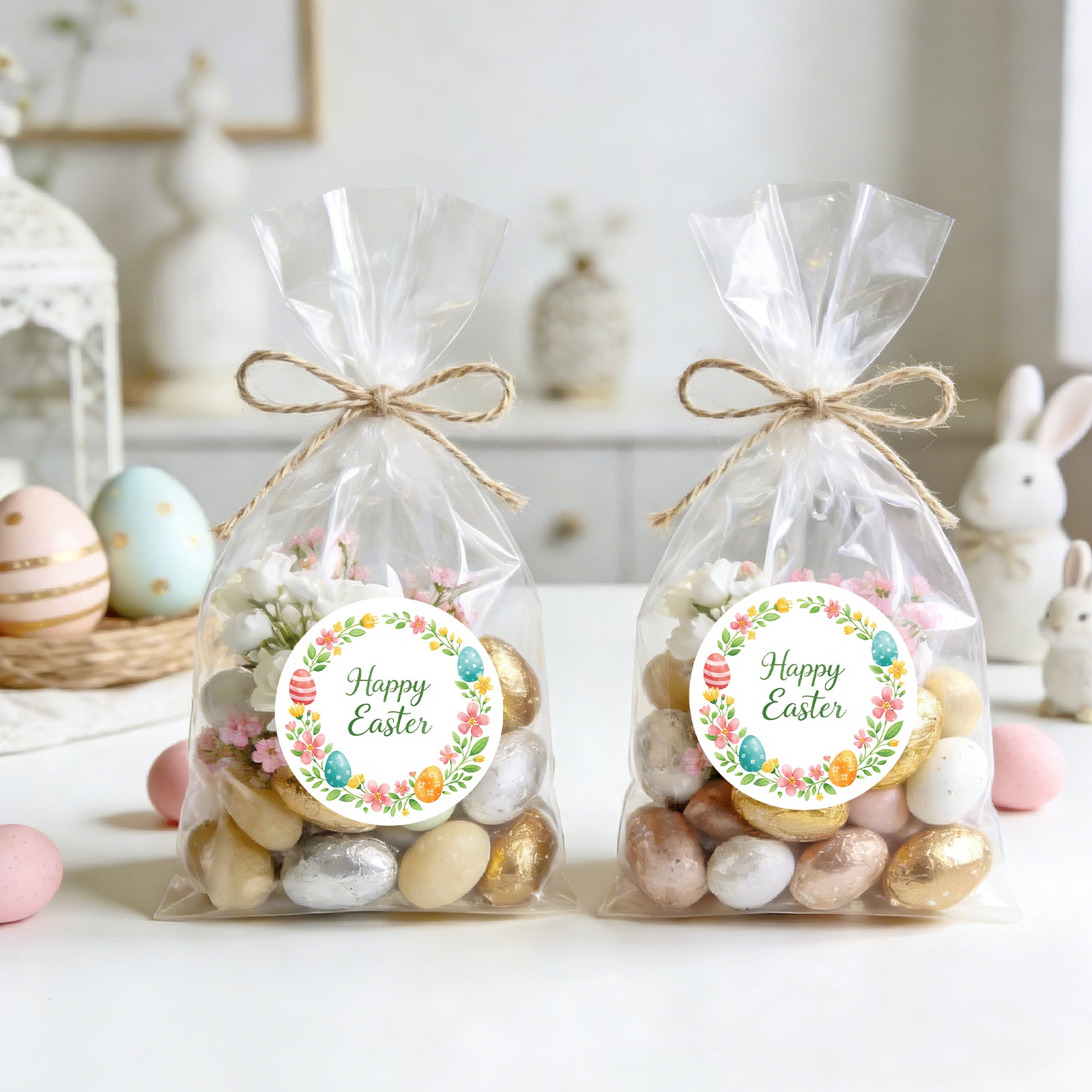 G2PLUS Happy Easter Stickers - 60Pcs Easter Eggs Labels for Baskets 2 Inch Round Watercolors Flower Wreath Sticker for Goddies Bags, Cards, Envelope Seals, Party Supplies - G2Plus