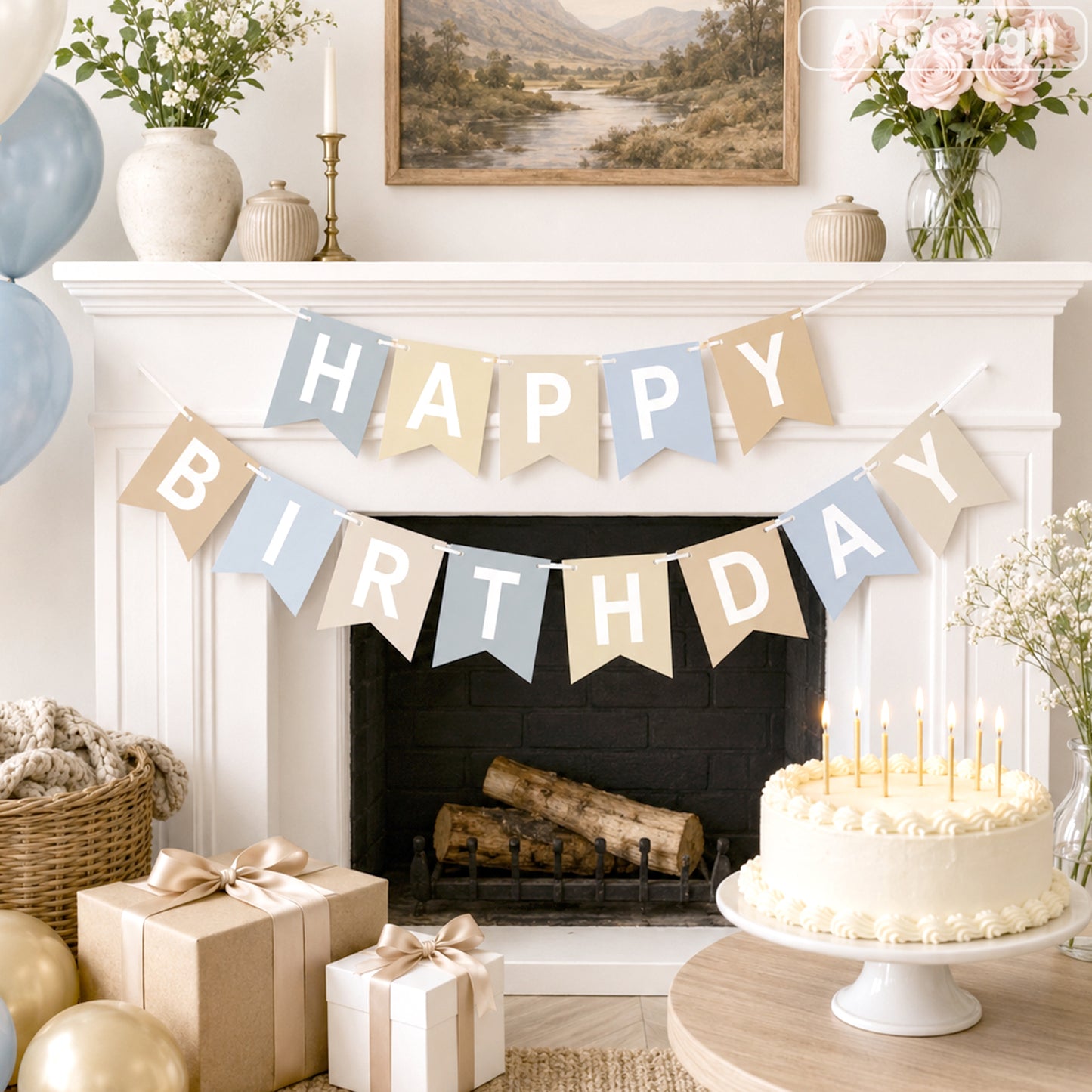 G2PLUS Pre-strung Happy Birthday Banner Beige and Blue: 16 x 20 cm Large No-DIY Birthday Banner for Boys and Girls Birthday Party Decorations