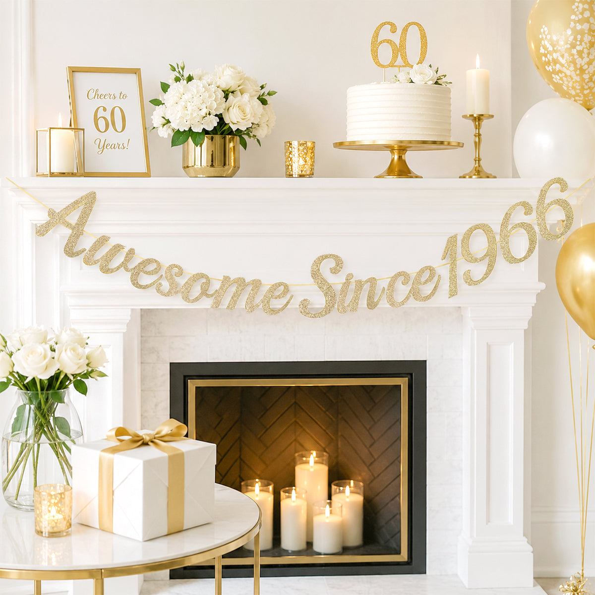 G2PLUS Pre-Strung 60th Birthday Banner, Glitter 60th Birthday Decorations Champagne Gold Happy 60th Birthday Banner, 3m Awesome Since 1966 Banner, 60th Birthday Party Decorations
