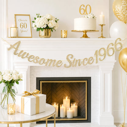 G2PLUS Pre-Strung 60th Birthday Banner, Glitter 60th Birthday Decorations Champagne Gold Happy 60th Birthday Banner, 3m Awesome Since 1966 Banner, 60th Birthday Party Decorations