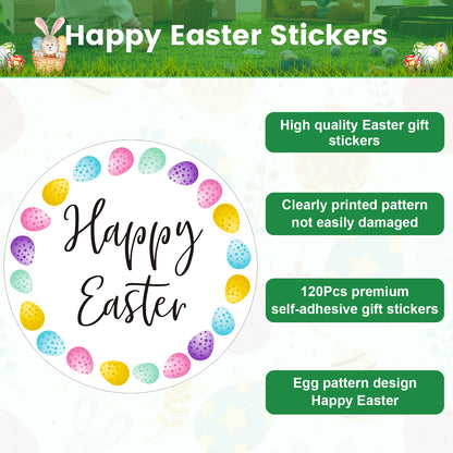 G2PLUS Easter Gift Stickers, 120Pcs Happy Easter Stickers, 2" Round Easter Eggs Labels Stickers, Personalized Easter Decoration Stickers for Gift Wrap, Easter Party, Candy Bags