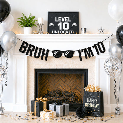 G2PLUS Pre-Strung 10th Birthday Banner,Glitter 10th Birthday Decorations Black Happy 10th Birthday Banner, 3m Bruh I'm 10 Banner, Double Digits 10th Birthday Decorations for Boys