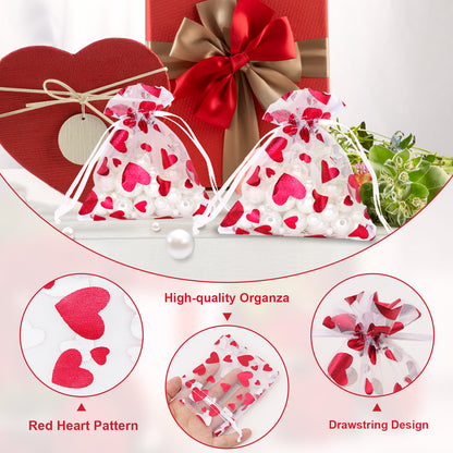 G2PLUS Heart Organza Bags, 3''x4'' Organza Gift Bags, 50PCS Drawstring Sheer Organza Gift Bags, Organza Mesh Jewelry Pouches, Candy Bags for Easter, Mother's Day, Wedding Party Favors (White Red)