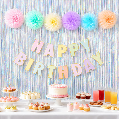 G2PLUS Pastel Birthday Decorations Set, Birthday Party Backdrop Decorations Pastel Happy Birthday Banner with 2PCS Silver Tinsel Curtains and 6PCS Paper Pom Poms for Kids and Family Parties