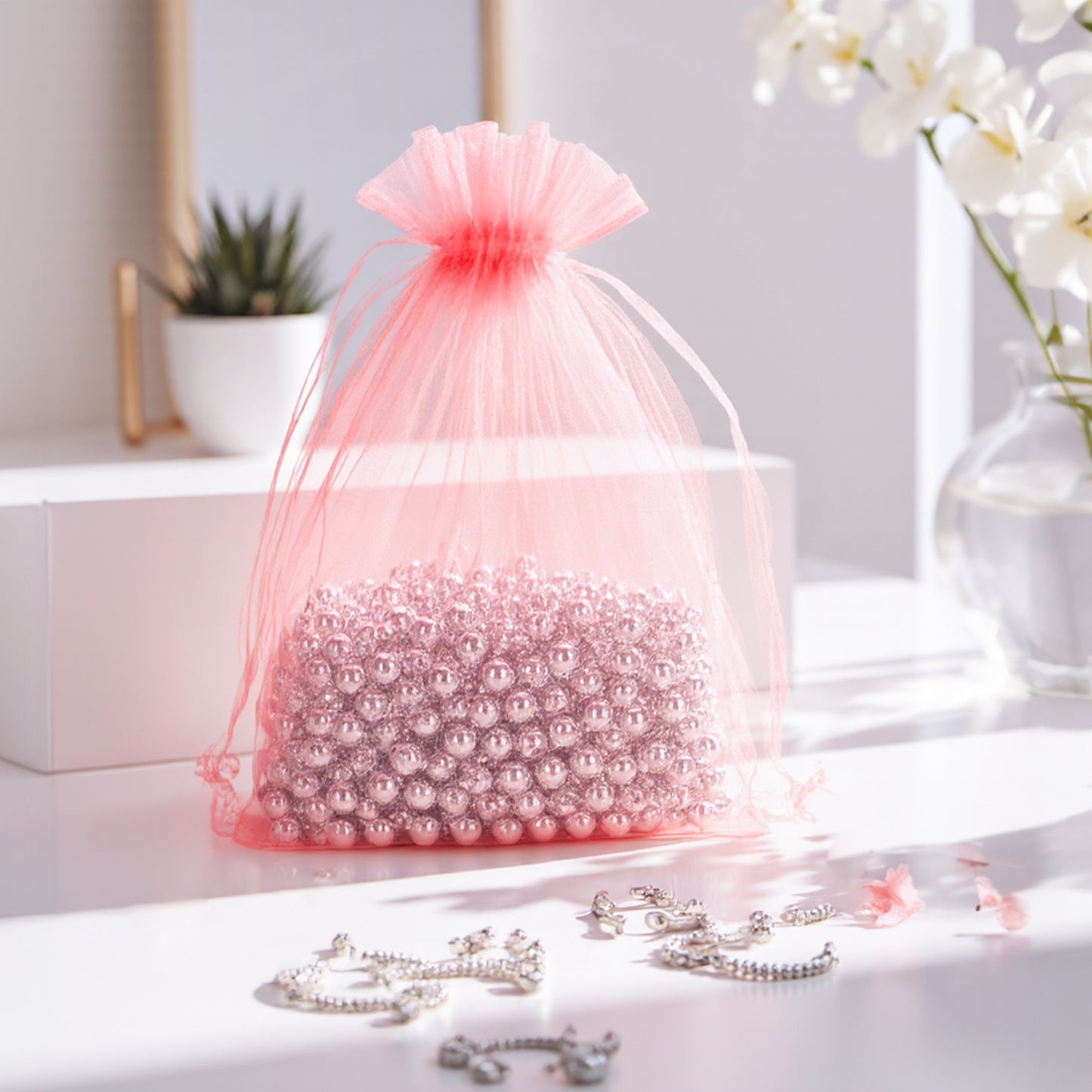 G2PLUS 25PCS Blush Pink Organza Bags 5x7 inches - Drawstring Organza Bags, Candy Gift Wrap Pouches for Baby Shower, Birthday, Wedding Party Favors