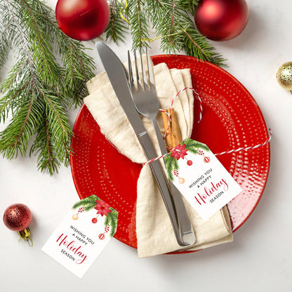 G2PLUS Holiday Season Gift Tags, 50PCS Wishing You A Happy Holiday Season Tags, Christmas Holiday Tags, Christmas Holiday Paper Gift Tags with String for Gift Wrapping, Seasonal Holiday Party Favors