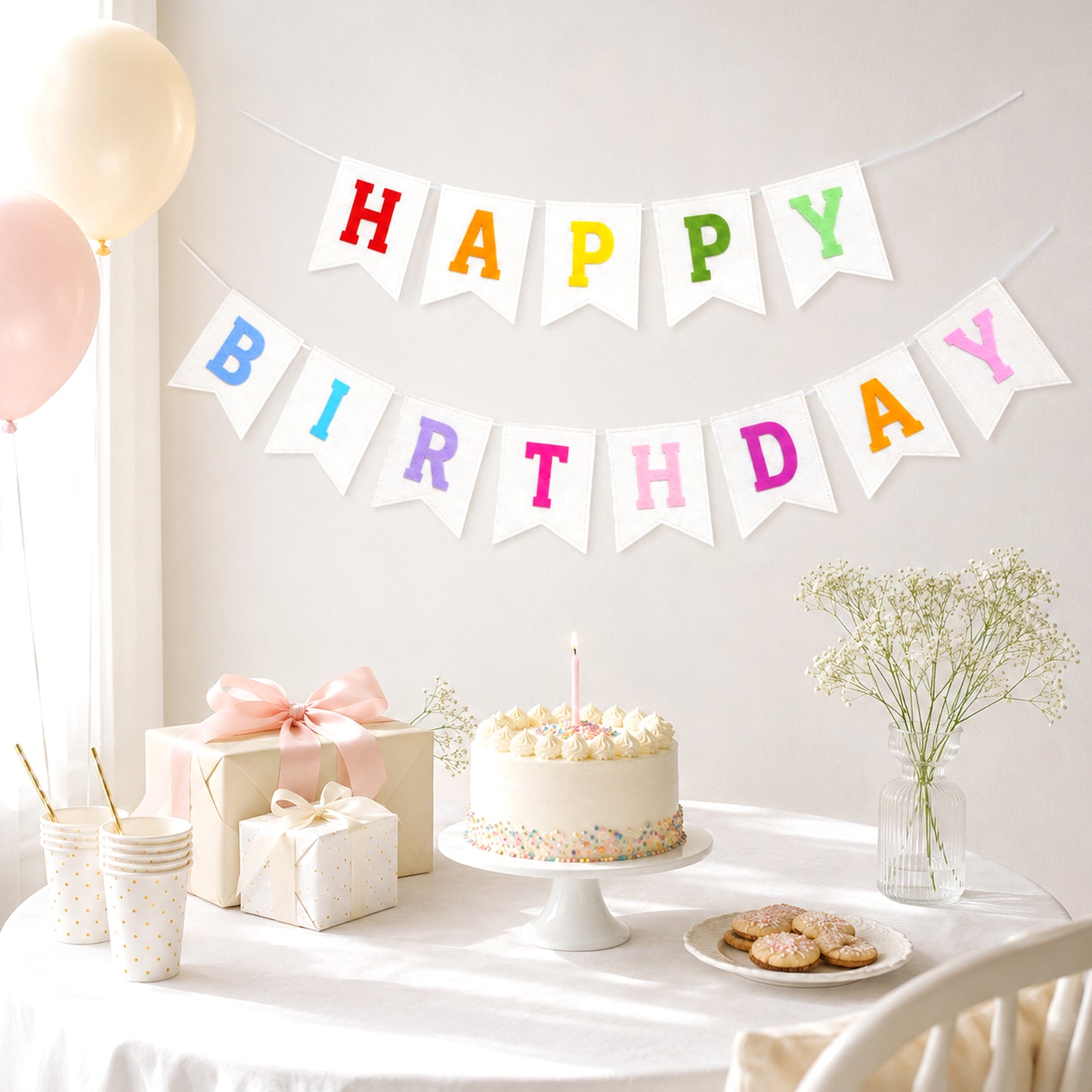 G2PLUS White Happy Birthday Bunting Felt: Pre-Strung Birthday Banner for Adults and Kids Birthday Party Decoration