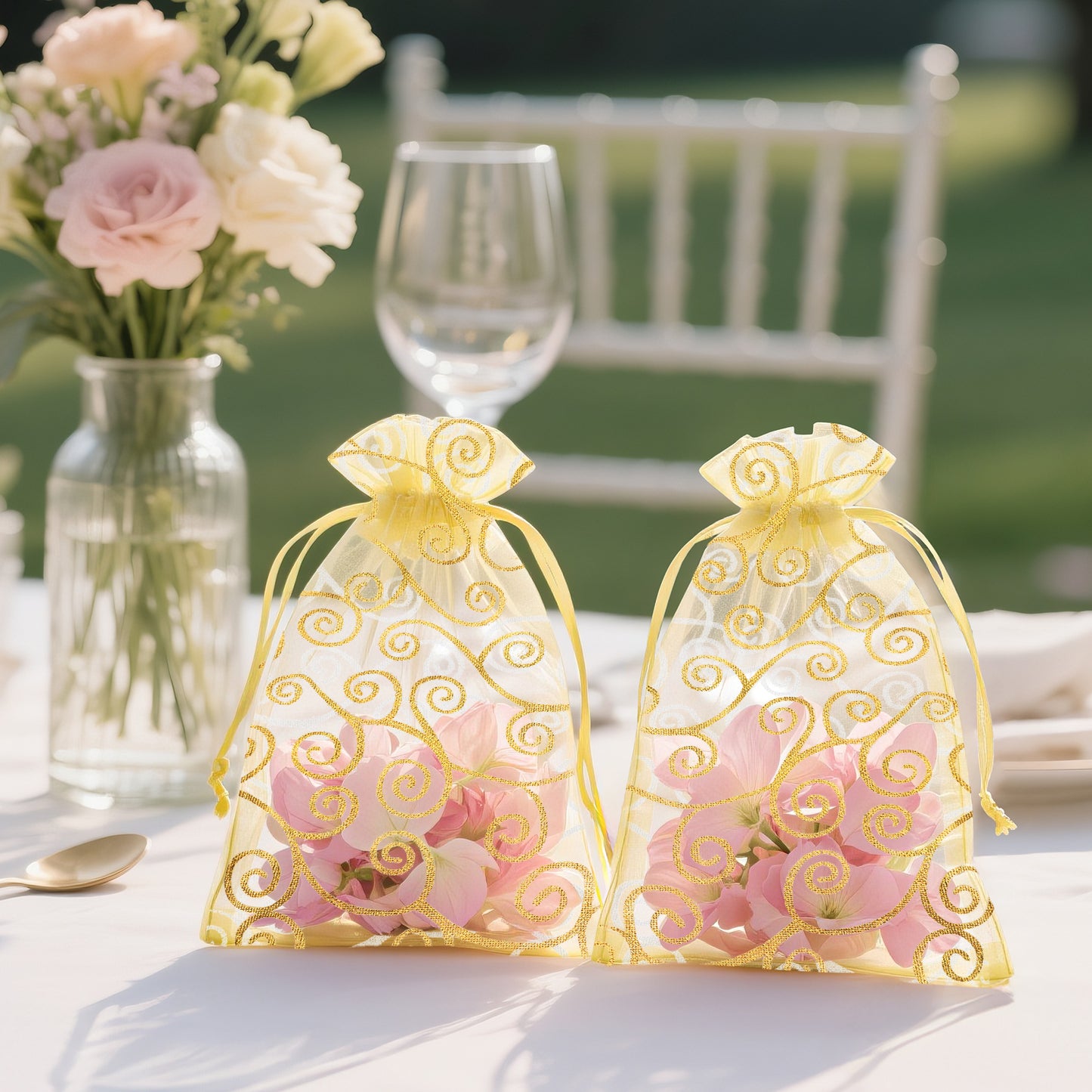 G2PLUS Organza Gift Bags 4x6 Inches - 50Pcs Sheer Mesh Organza Bags with Gold Rattan Printed, Drawstring Tulle Jewelry Pouches for Wedding, Christmas Party Favors