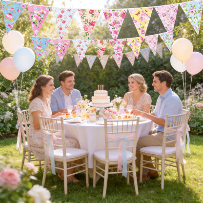 G2PLUS Floral Tea Party Banner, 39Ft Pre-Strung Flower Bunting Garland, Double Sided Paper Pennant Banner Garland for Birthday, Baby Shower, Bridal Shower, Garden, Spring Party Decor (Pink)