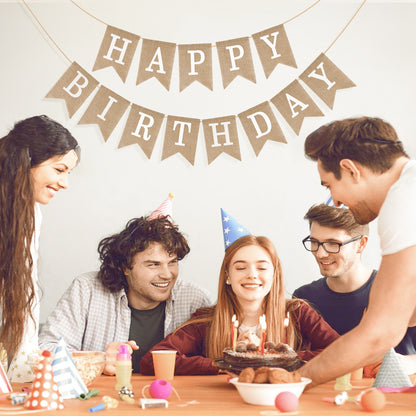 G2PLUS Happy Birthday Banners, Pre-Strung Burlap Happy Birthday Banner Sign, Rustic Happy Birthday Garland Bunting for Party Decorations, Reusable Hanging Backdrop for Cake Table