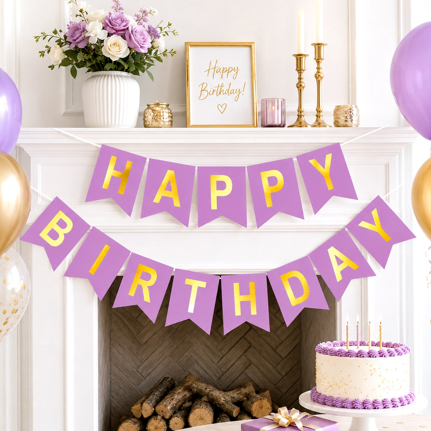 G2PLUS Pre-Strung Happy Birthday Banner Purple and Gold: 16 x 20 cm Large No-DIY Birthday Banner for Women Mom Birthday Party Decorations
