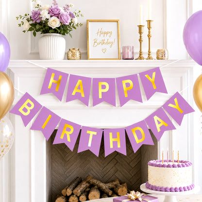 G2PLUS Pre-Strung Happy Birthday Banner Purple and Gold: 16 x 20 cm Large No-DIY Birthday Banner for Women Mom Birthday Party Decorations