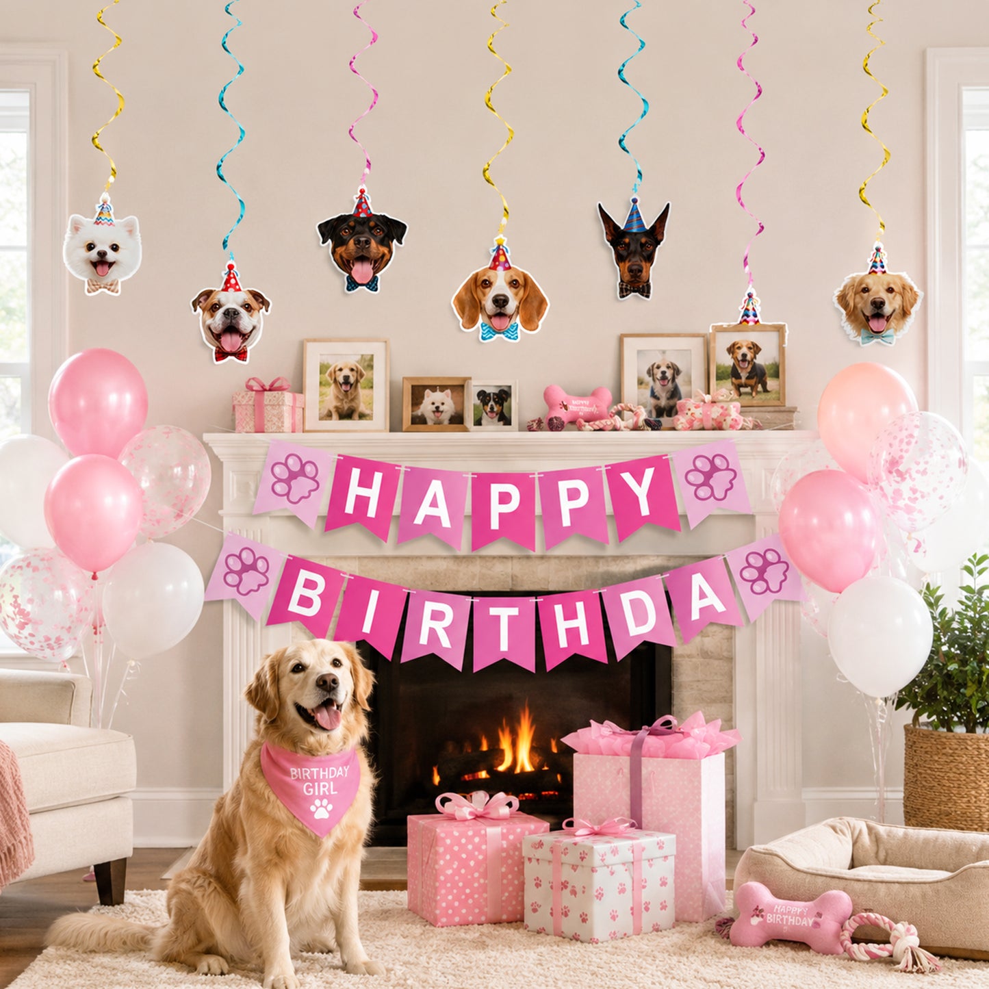 G2PLUS Pre-Strung Dog Birthday Decorations with 6PCS Hanging Swirl, Pink Dog Birthday Banner, Puppy Party Banner for Wall Backdrop Decoration