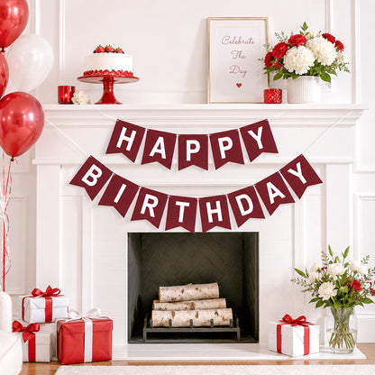 G2PLUS Pre-Strung Happy Birthday Banner Burgundy and White: 16 x 20 cm Large No-DIY Classic Birthday Banner for Elegant, Grown-up, Christmas Birthday Party Decorations