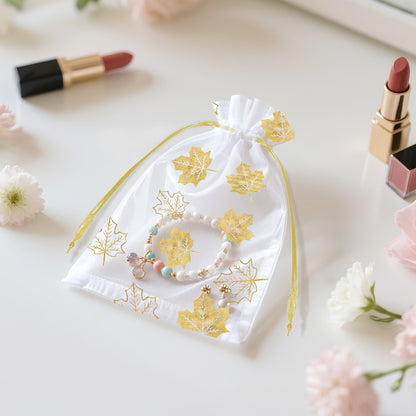 G2PLUS 50Pcs Fall Organza Drawstring Bags 4x6 In - Thanksgiving Organza Bags, White Sheer Mesh Pouches, Gold Maple Leaves Candy Treat Bags for Wedding, Baby Shower, Autumn Holiday Party Favors