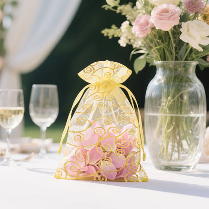 G2PLUS Organza Gift Bags 5x7 Inches - 50Pcs Sheer Mesh Organza Bags with Gold Rattan Printed, Drawstring Tulle Jewelry Pouches for Wedding, Christmas Party Favors