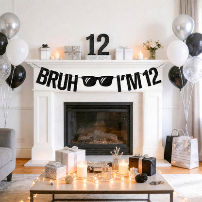 G2PLUS Pre-Strung 12th Birthday Banner, Glitter 12th Birthday Decorations Black Happy 12th Birthday Banner, 3m Bruh I'm 12 Banner, 12th Birthday Party Decorations for Boys