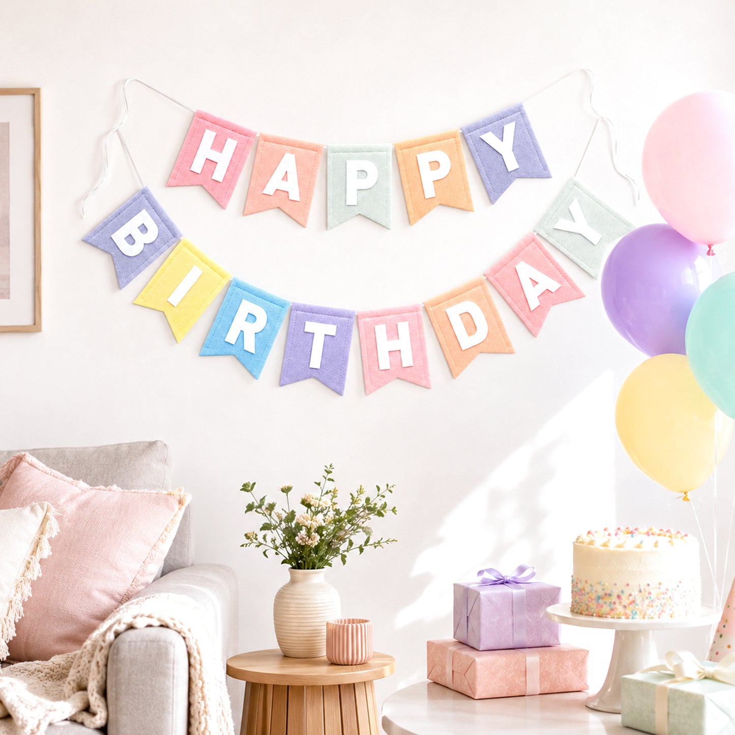 G2PLUS Pastel Happy Birthday Bunting Felt: Pre-Strung Birthday Banner for Boys, Girls, Adults and Kids Birthday Party Decoration