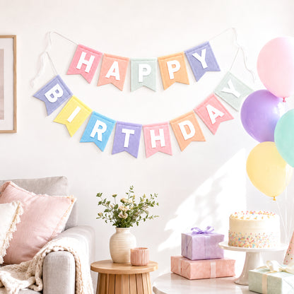 G2PLUS Pastel Happy Birthday Bunting Felt: Pre-Strung Birthday Banner for Boys, Girls, Adults and Kids Birthday Party Decoration