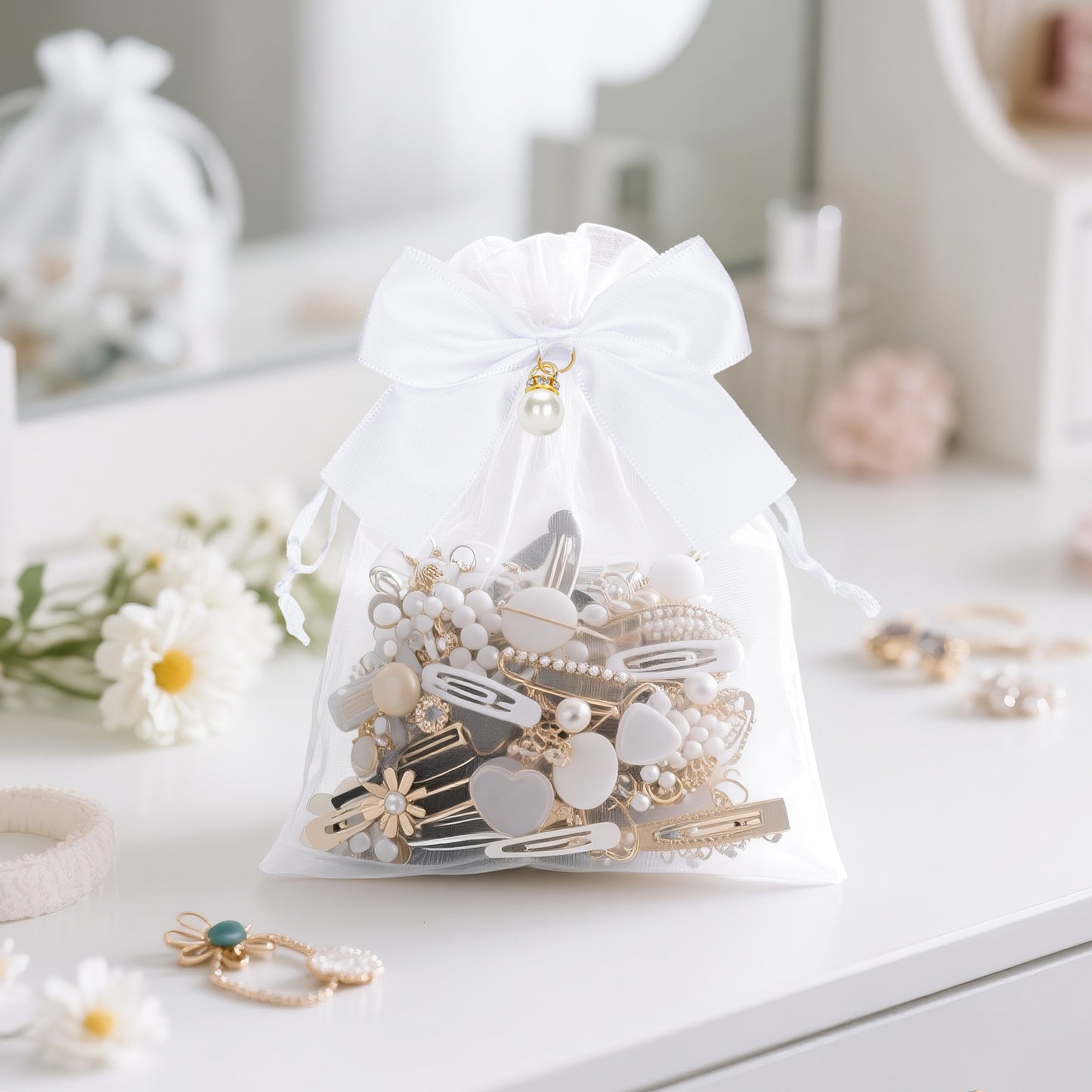 G2PLUS 30Pcs Organza Bags with Bow-4x6 In White Wedding Favor Bags Sheer Mesh Jewelry Pouches with Drawstring for Bridal Shower, Baby Shower, Valentine's Day Party Favors