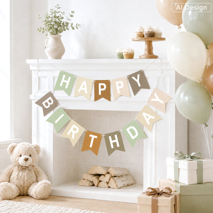 G2PLUS Pre-strung Happy Birthday Banner Beige and Sage Green: 16 x 20 cm Large No-DIY Birthday Banner for Bear, Woodland Theme Birthday Party Decorations
