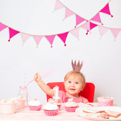G2PLUS Cotton Fabric Bunting Banner, 9Ft Pink Triangle Pennant Banner Flag, 12pcs Double-Sided Bunting Garland with Tassels for Birthday Party, Wedding, Holiday, Classroom Hanging Decor