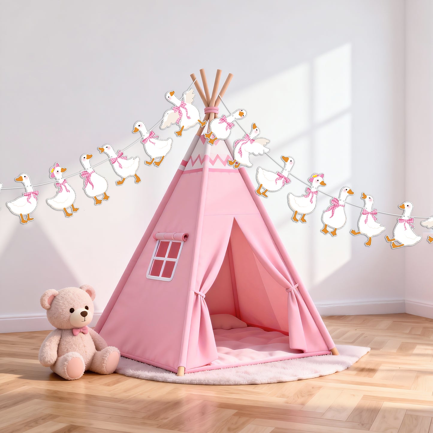 G2PLUS Pre-Strung Silly Goose Birthday Banner, 19.6Ft Pink Bow Paper Bunting Garland, Cute Animal Party Decor for Birthday, Nursery Room & Spring Celebration