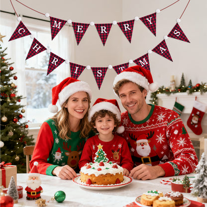 G2PLUS Merry Christmas Burlap Banner, 19.6Ft Red and Black Buffalo Plaid Banner, Pre-strung Triangle Pennant Flag Garland Bunting for Holiday Party, Fireplace Wall, Xmas Home Decorations