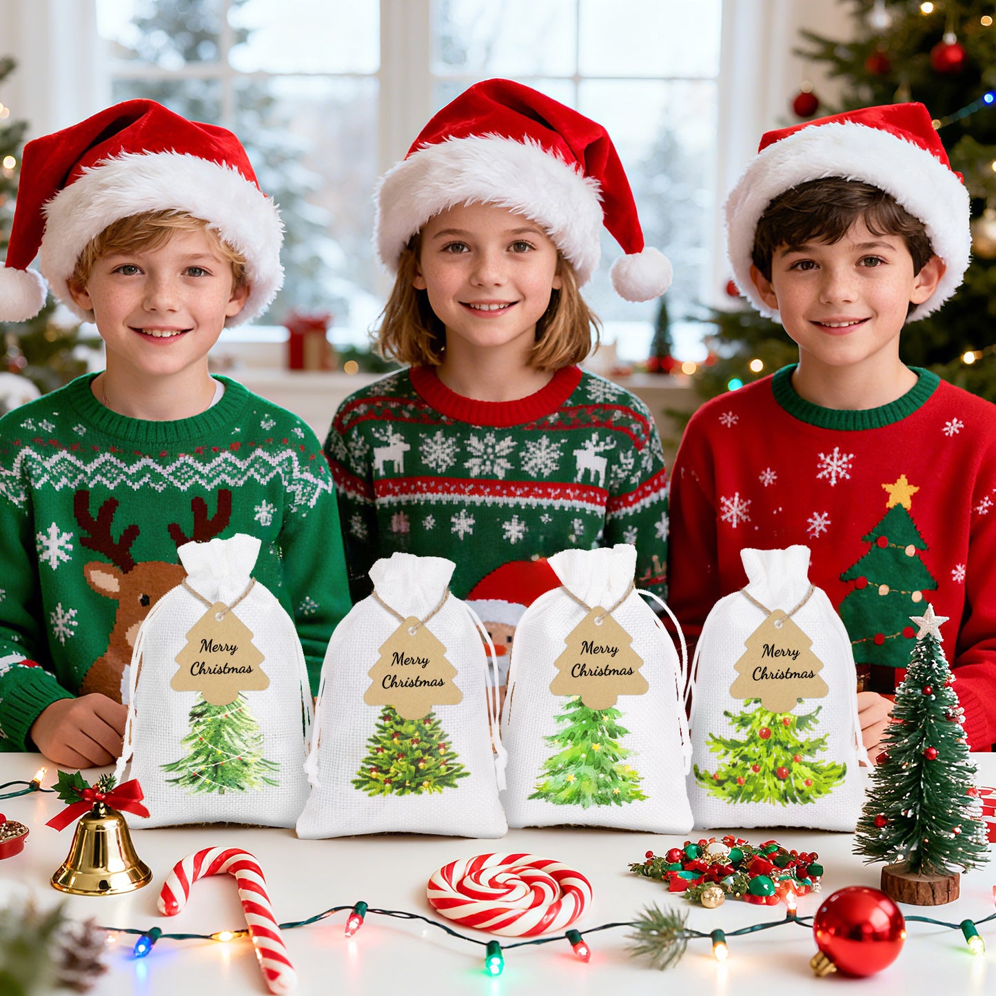 G2PLUS 24Pcs Christmas Drawstring Burlap Gift Bags - 4X6 In Christmas Advent Calendar Bags, 4 Design Xmas Tree Burlap Bag, White Treat Goody Bag for Xmas Holiday Party Favors