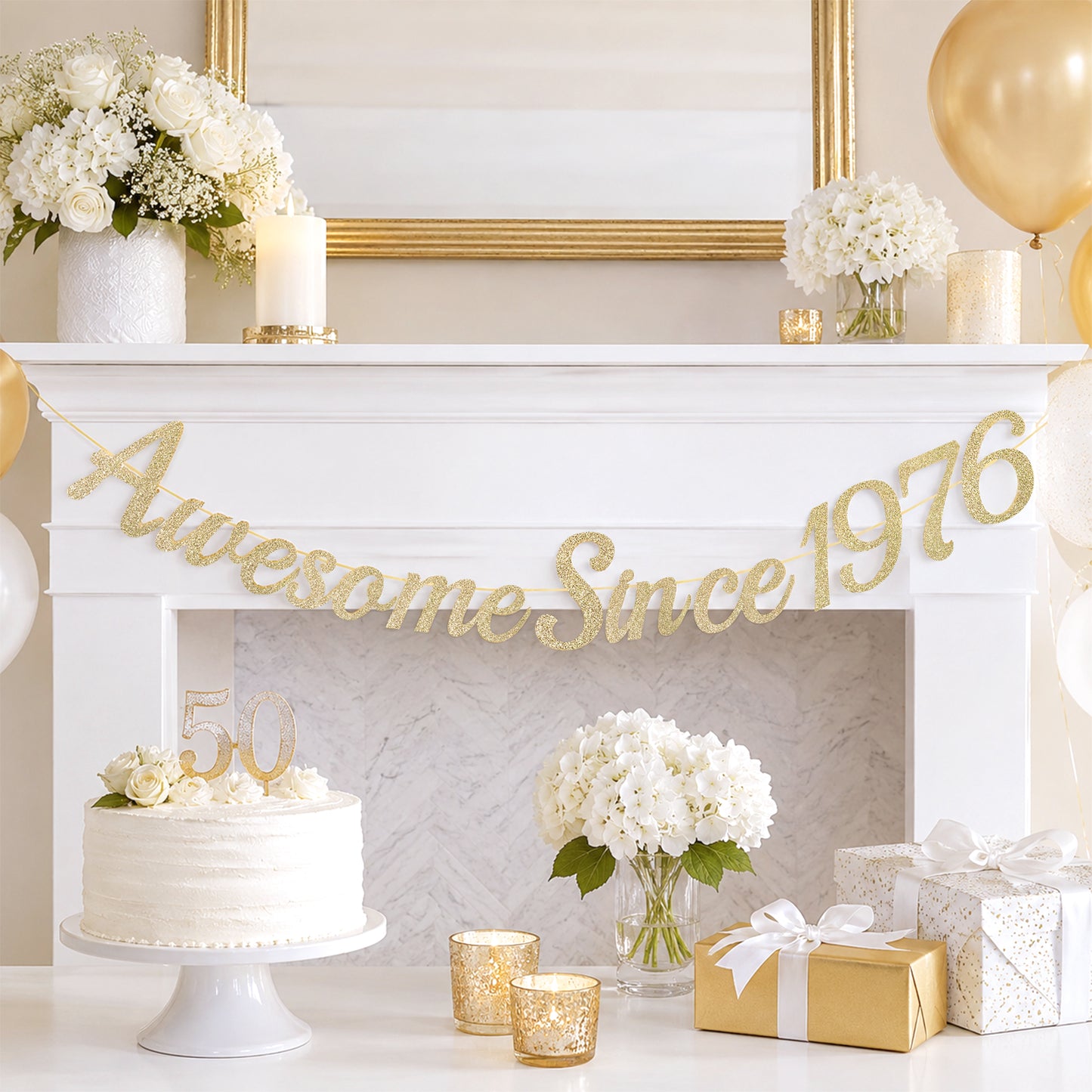 G2PLUS Pre-Strung 50th Birthday Banner, Glitter 50th Birthday Decorations Champagne Gold Happy 50th Birthday Banner, 3m Awesome Since 1976 Banner, 50th Birthday Party Decorations